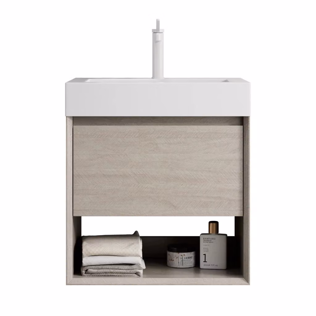 Mobile bagno sospeso Chicfurn con lavabo integrato in resina, 1 cassetto e ripiano aperto, rovere e bianco beige – 2