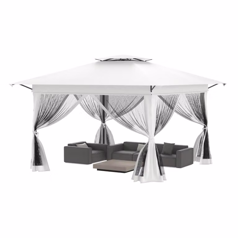QEENTOE Gazebo pop-up da giardino, 4x4 metri, struttura in metallo con tetto a doppia protezione, 4 pannelli laterali con zanzariera, colore bianco, ideale per giardino, feste e bancarelle