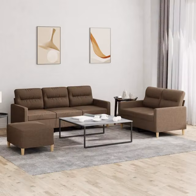 vidaXL Set di Divani 3 pz Moderno in Tessuto Marrone con Cuscini e Pouf – 1