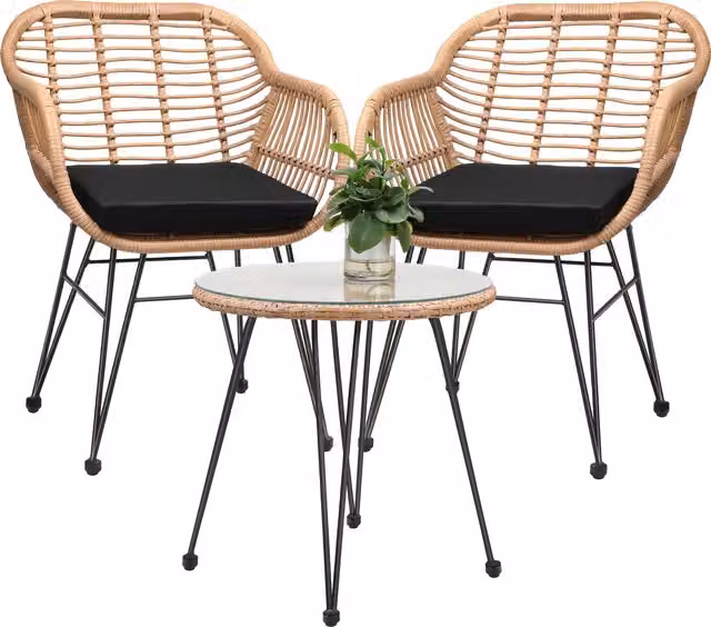 Set da giardino Casaria in polyrattan color beige e nero con tavolo rotondo in vetro per 3 persone – 1