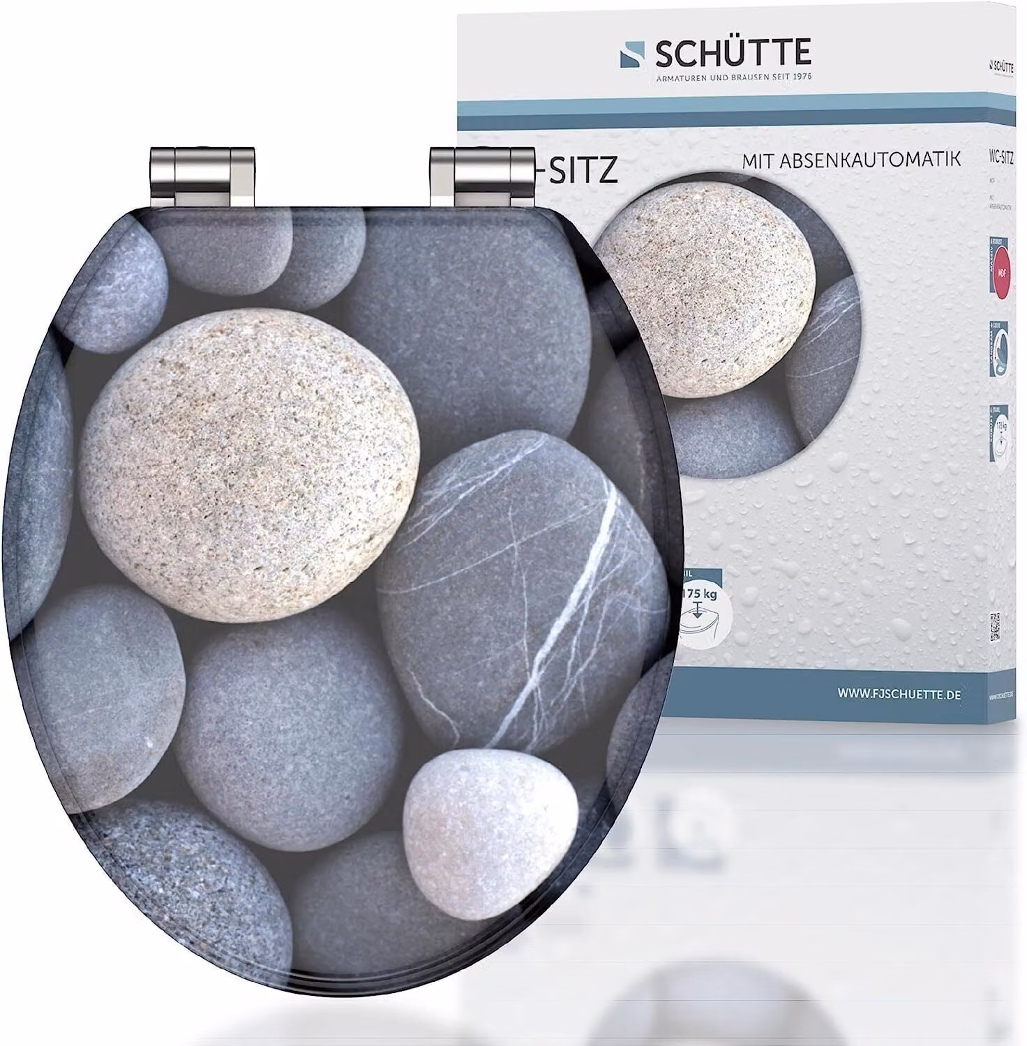 Sedile per WC SCHÜTTE MDF GREY STONES, coperchio per WC con chiusura ammortizzata, sedile per WC con anima in legno, sedile per WC, coperchio per WC