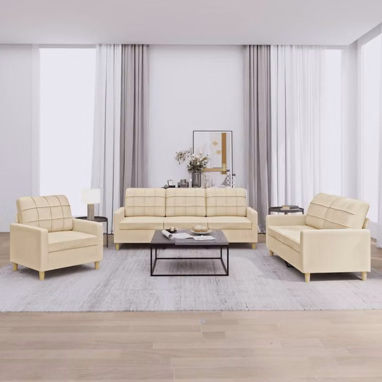 Set di divani vidaXL da 3 pezzi in tessuto beige con cuscini e braccioli per soggiorno