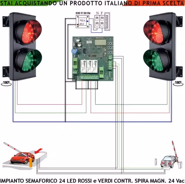 Kit Securvera per Condominio con 2 Semafori Orientabili LED Rossi e Verdi Lente Ø 124 mm e 2 Sensori di Massa Metallica Interrati per Rilevamento Veicoli