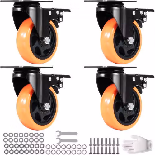 Set di 4 ruote girevoli VEVOR in PVC arancione con freno di bloccaggio, diametro 101,6 mm, capacità di carico 159 kg per carrelli e banchi da lavoro