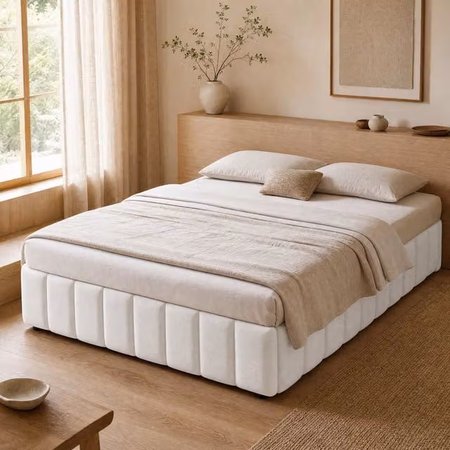 Letto imbottito 140x200 cm con contenitore idraulico, senza testata, beige