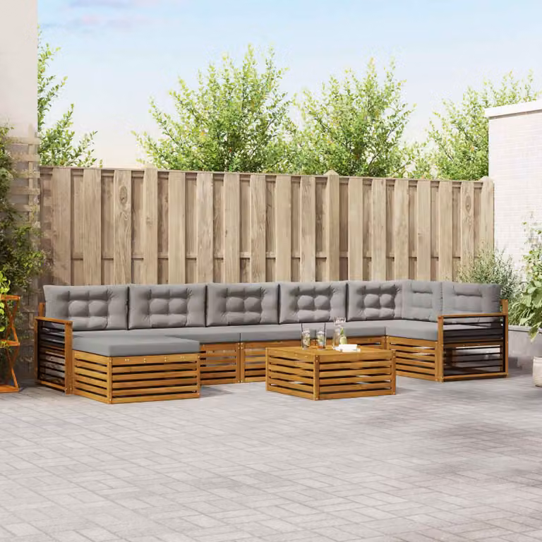 vidaXL Set di divani da esterno a L in legno di acacia con cuscini e tavolino, 8 pezzi, Grigio e Marrone
