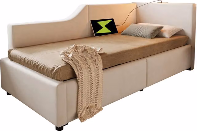 Divano letto 90x200 cm in velluto beige con contenitore， lampada e USB-C， senza materasso