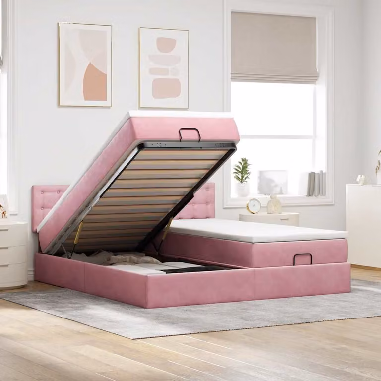Struttura Letto con Contenitore e Pouf vidaXL in Velluto Rosa e Bianco, L/P/H: 200 x 200 x 88 cm