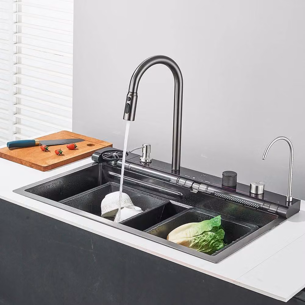 Lavello da cucina a cascata - Vasca singola, da appoggio - Acciaio inossidabile - Rubinetto con attacco per filtro - Doccetta estraibile a 3 funzioni - Display LED della temperatura (ad energia idraulica) - Grigio canna di fucile/Verde