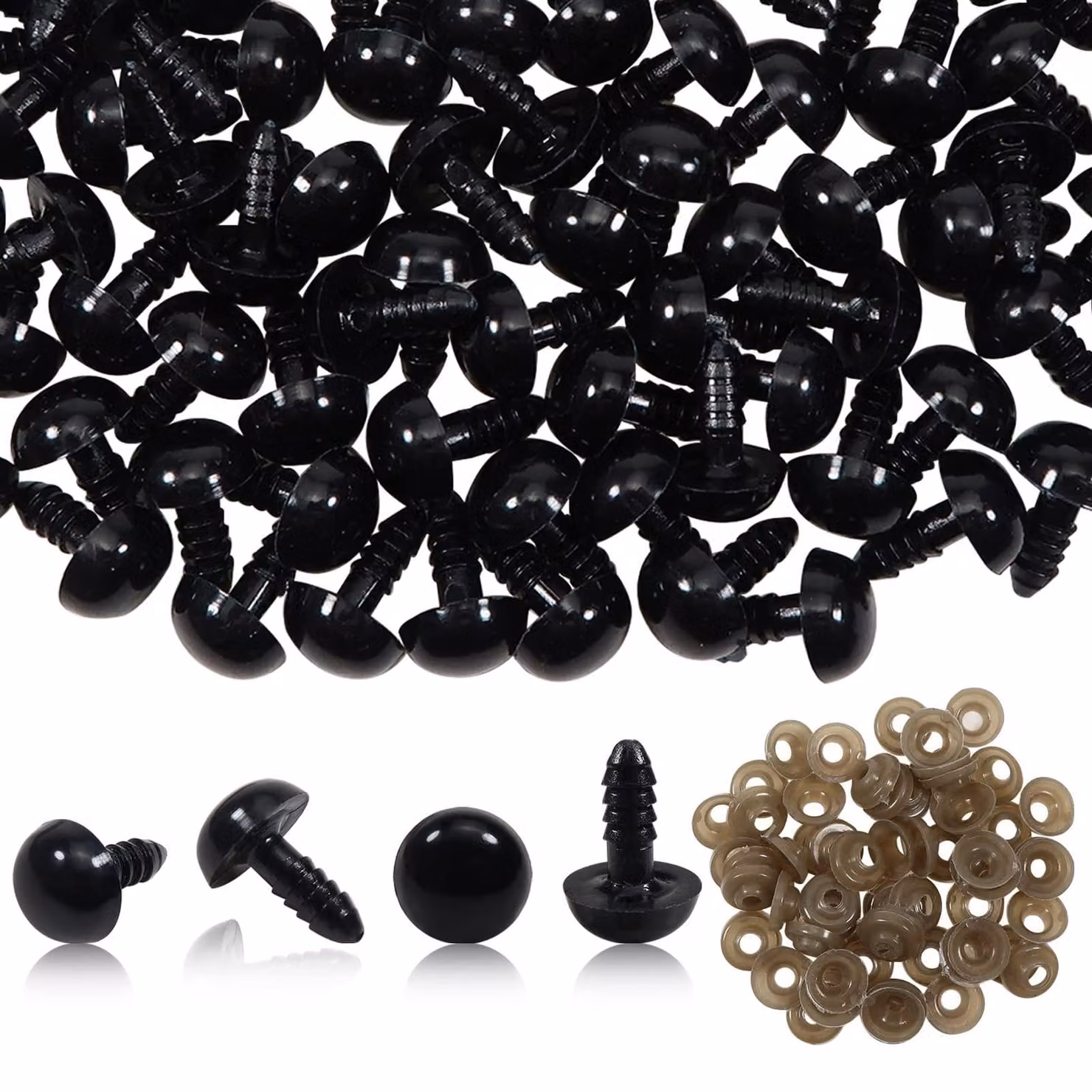 50 occhi di sicurezza neri da 12 mm con rondelle, adatti per bambole