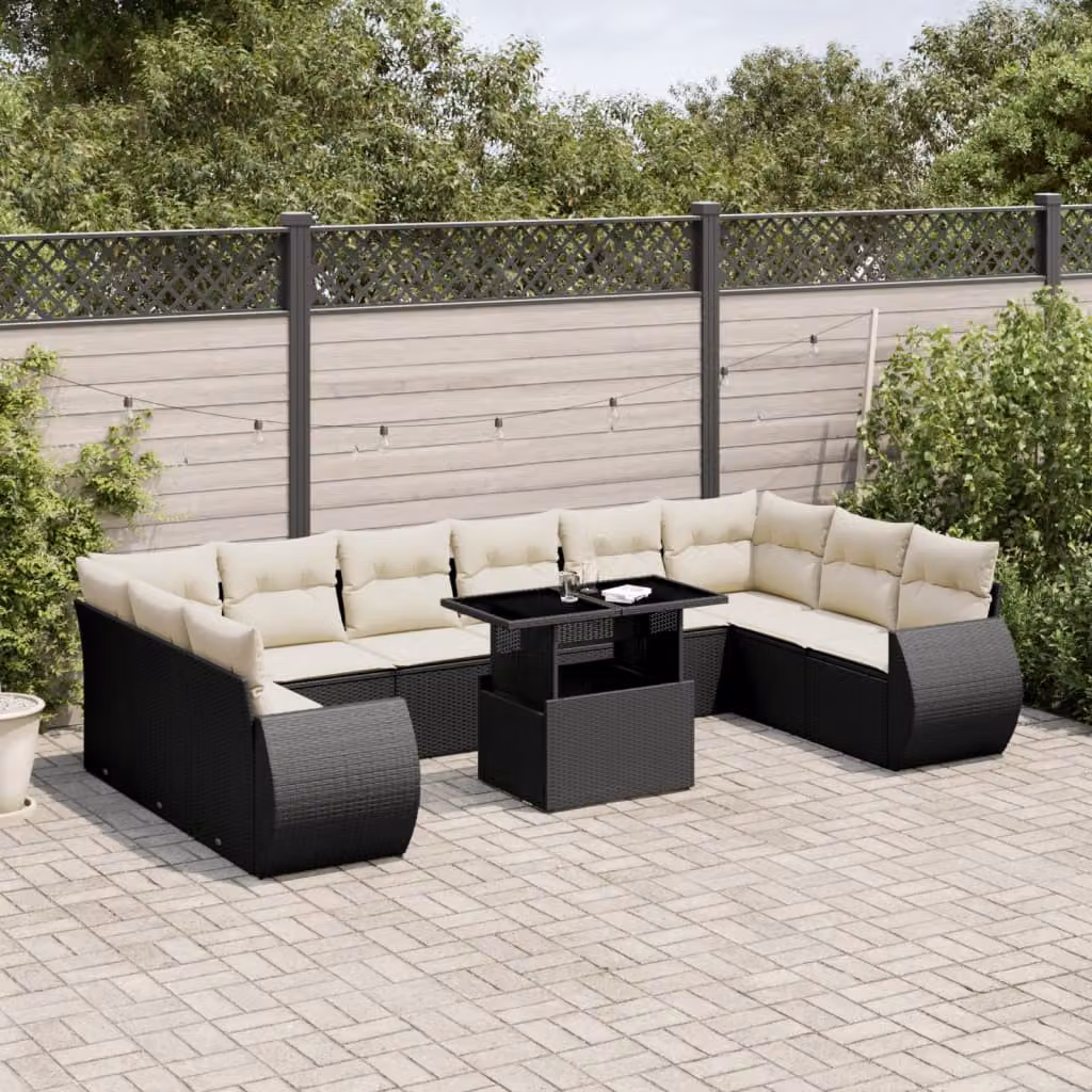 vidaXL Set Divani da Giardino 11 pz con Cuscini in Polyrattan Nero – 1