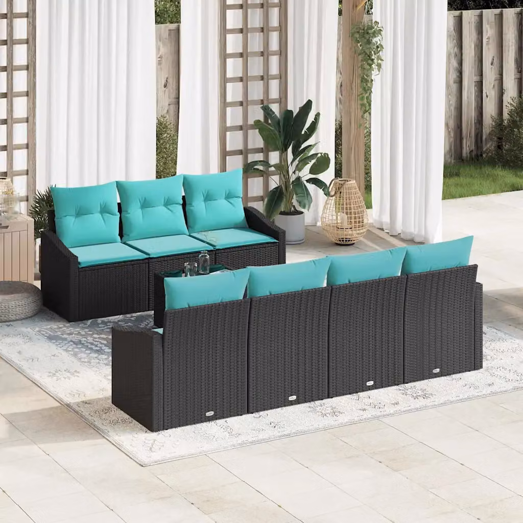 Set di divani da giardino vidaXL in polyrattan 8 pezzi, Nero e Turchese