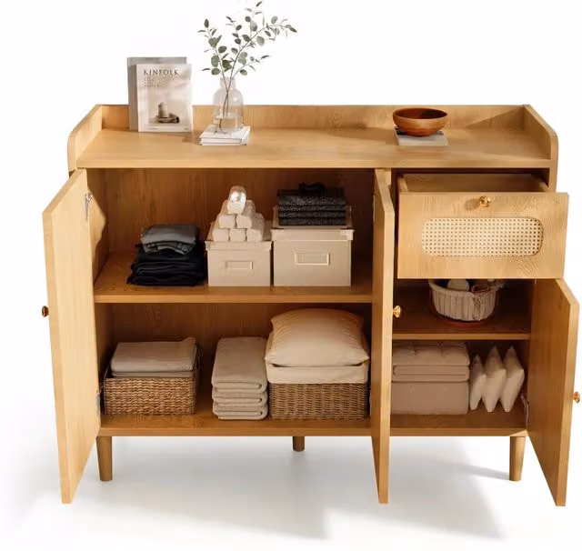 Credenza e madia in stile scandinavo con ante in rattan e finitura marrone, ideale per il soggiorno, L/P/H: 120 x 40 x 91 cm