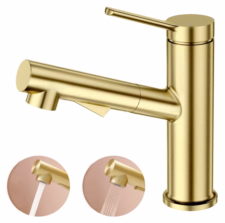 Miscelatore monocomando estraibile dorato per lavabo da bagno