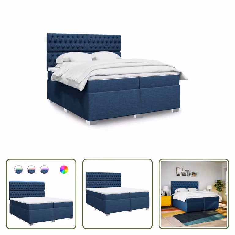 The Living Store Letto a molle con materasso blu 200x200 cm in tessuto
