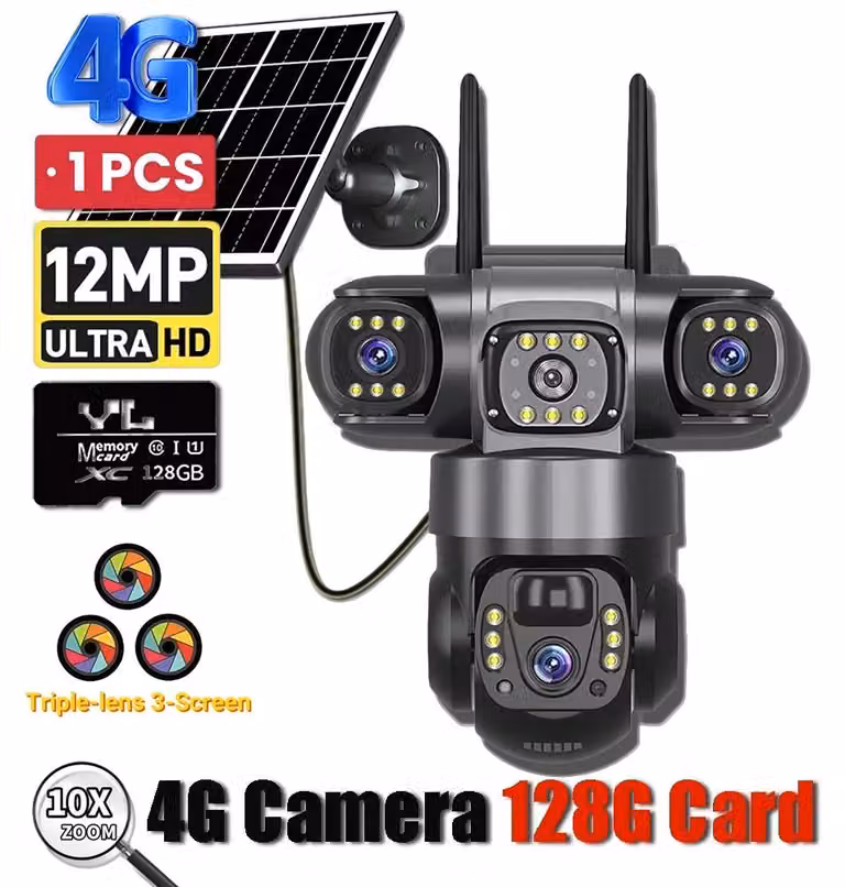 Telecamera solare 4G VTS28 - Obiettivo triplo - 15 MP - Zoom digitale 10x - Grado di protezione IP66 - Visione notturna a colori - Scheda di memoria da 128 GB