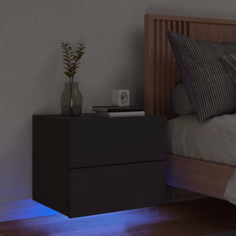 Comodino a parete vidaXL con luci LED integrate, design moderno in legno nero opaco