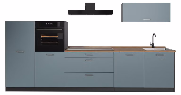 Cucina componibile Vicco R-Line Grigio-blu/Antracite 340 cm piano di lavoro Rovere dorato, Model 67290