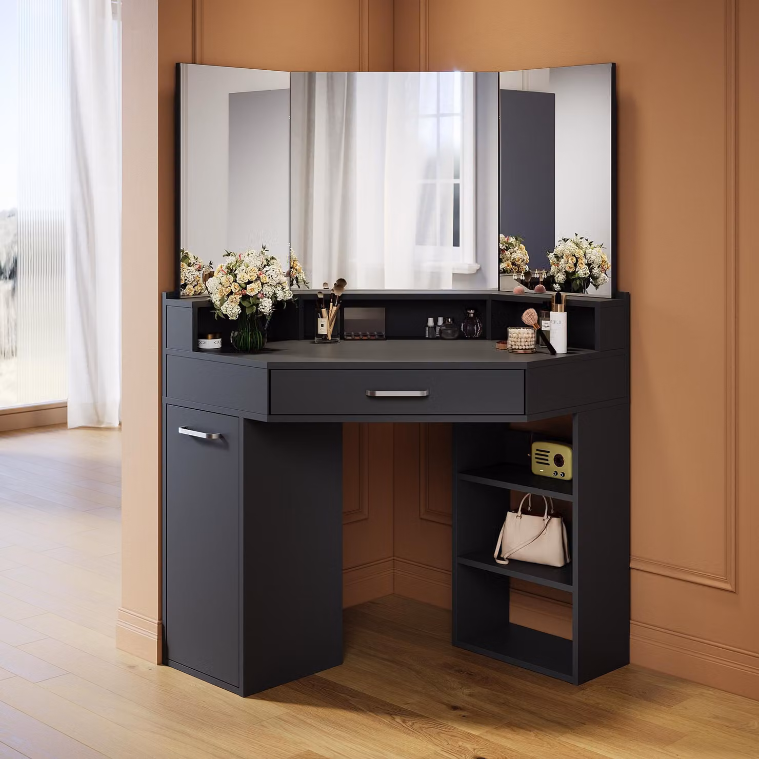 SONNI 141,5 x 54 x 111 cm Comodino nero con cassetti, specchi mobili a destra e a sinistra