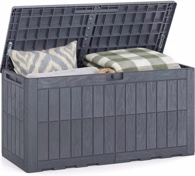 Cassapanca contenitore antintemperie in PP con coperchio e foro per serratura, ideale per giardino, bordo piscina e soggiorno, Grigio – 1