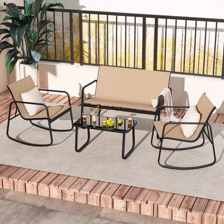 Set di mobili da giardino Costway composto da 4 pezzi per 4 persone, mobili da terrazza moderni in metallo color marrone e beige con sedute oscillanti