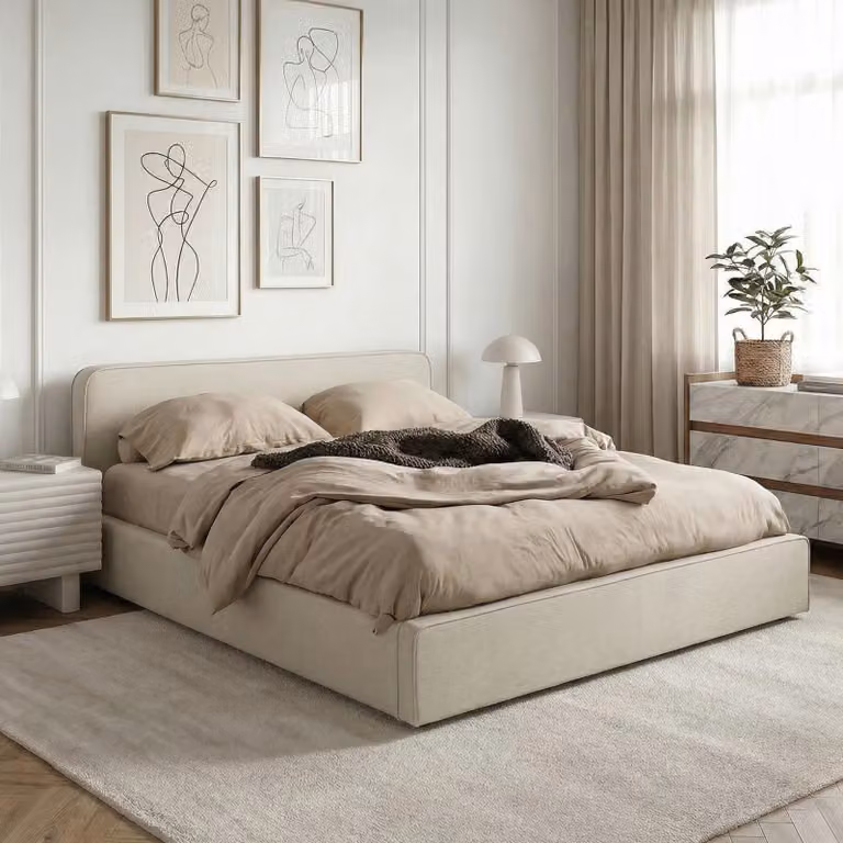 Letto imbottito MARINI matrimoniale 140x200 cm in beige - Letto imbottito con rete a doghe, design moderno e robusta struttura in legno con piedini in plastica