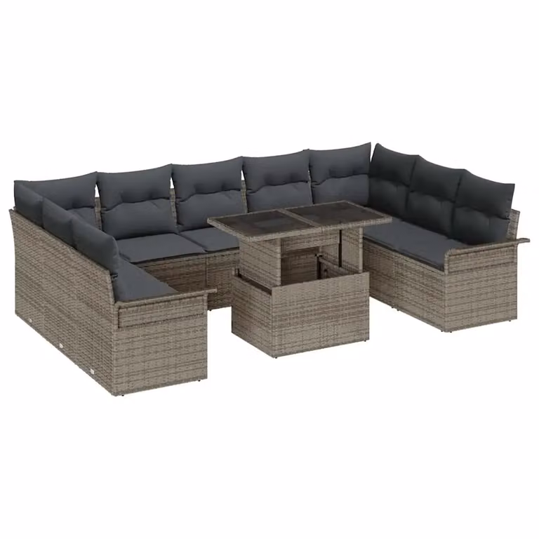 vidaXL Set Divano da Giardino a Forma di U Grigio con Tavolino e Cuscini in Rattan e Metallo