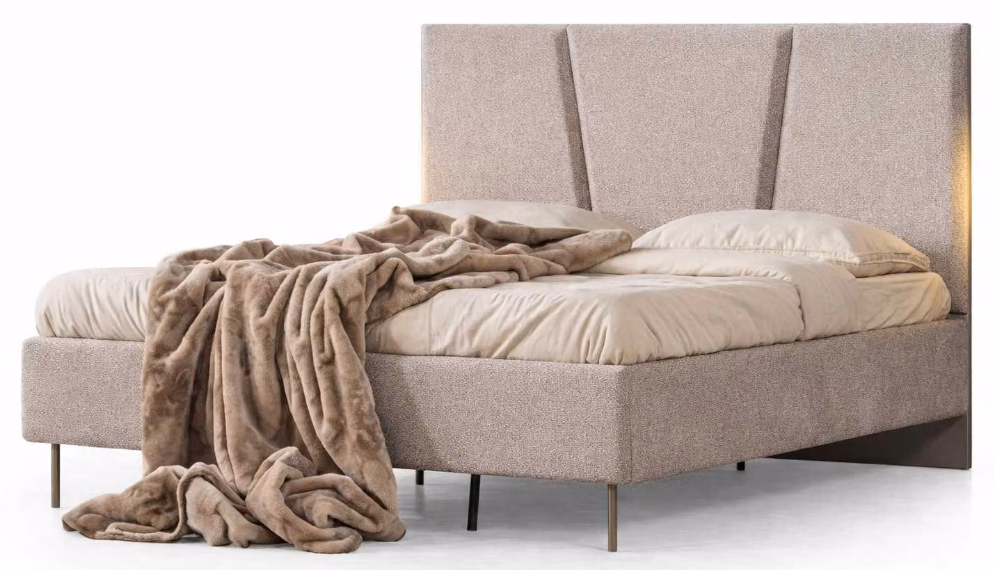 Letto in stile moderno, colore beige, nuovo, comodo, morbido, spazioso, camera da letto