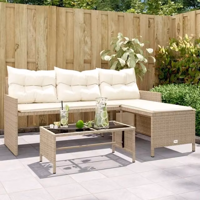 Set da giardino a L con divano a 3 posti, tavolo da caffè e cuscini beige vidaXL