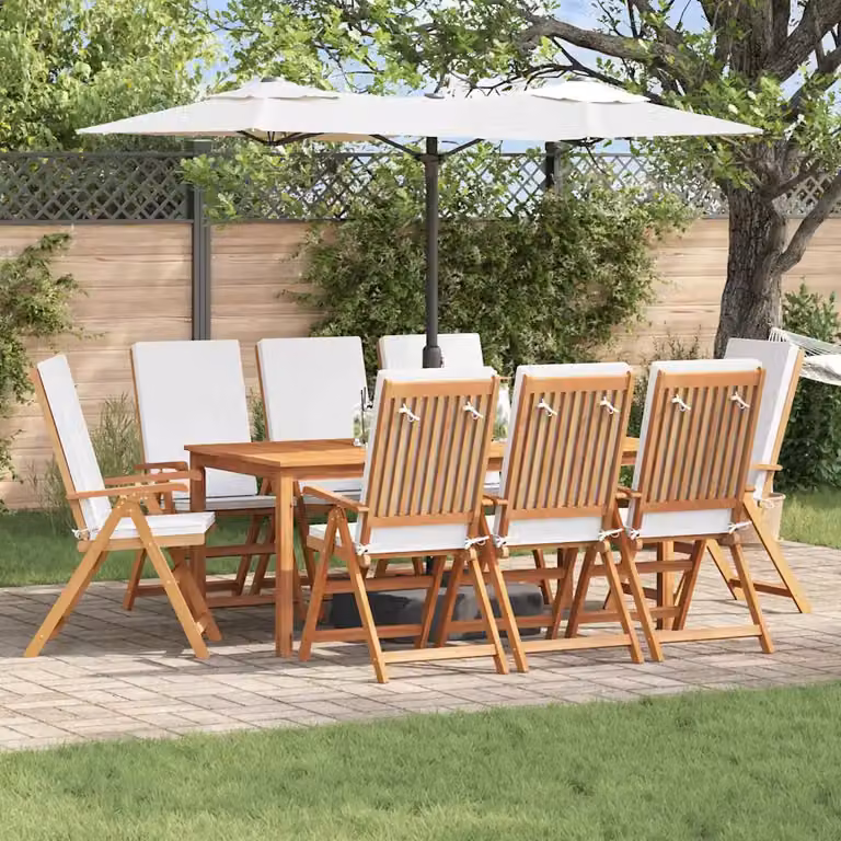 Set di 8 sedie da giardino vidaXL in legno di teak con cuscini, marrone e bianco, L: 57 cm, P: 71.5 cm, H: 104 cm