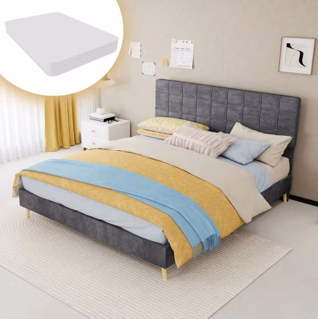 Letto matrimoniale grigio 160 x 200 cm con testiera imbottita a quadri