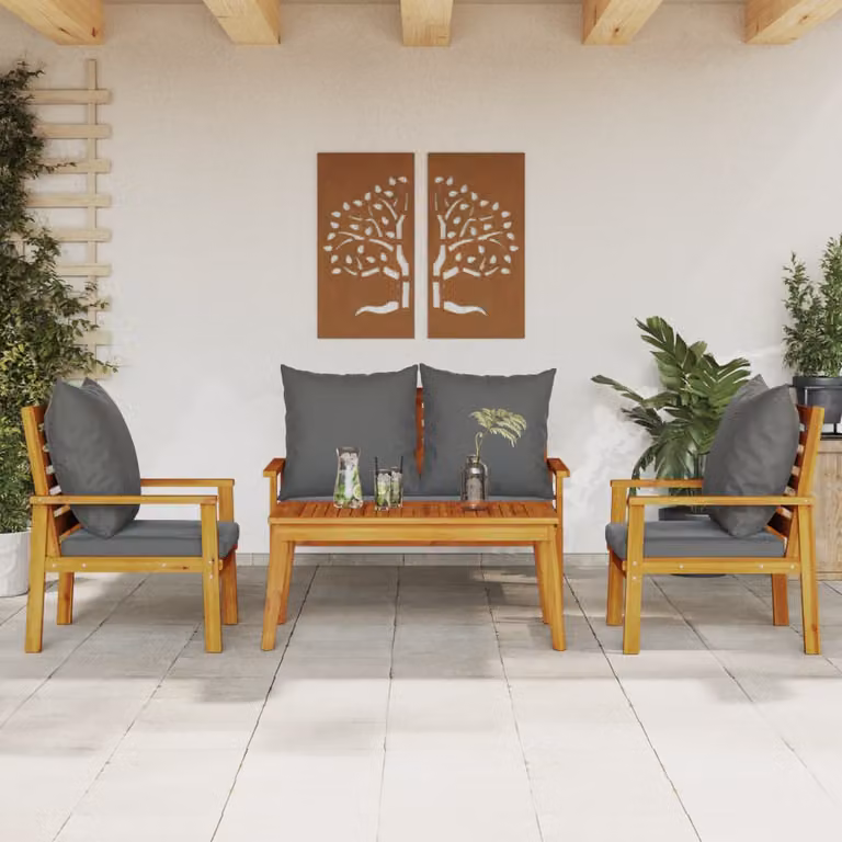 vidaXL Set Salotto da Giardino 4pz in Legno di Acacia con Cuscini Imbottiti e Tavolino da Caffè, Marrone e Grigio