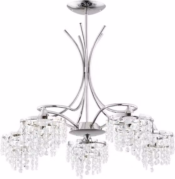 Lampadario a soffitto Alfa in cristallo e metallo cromato con 5 luci E14, argento e trasparente