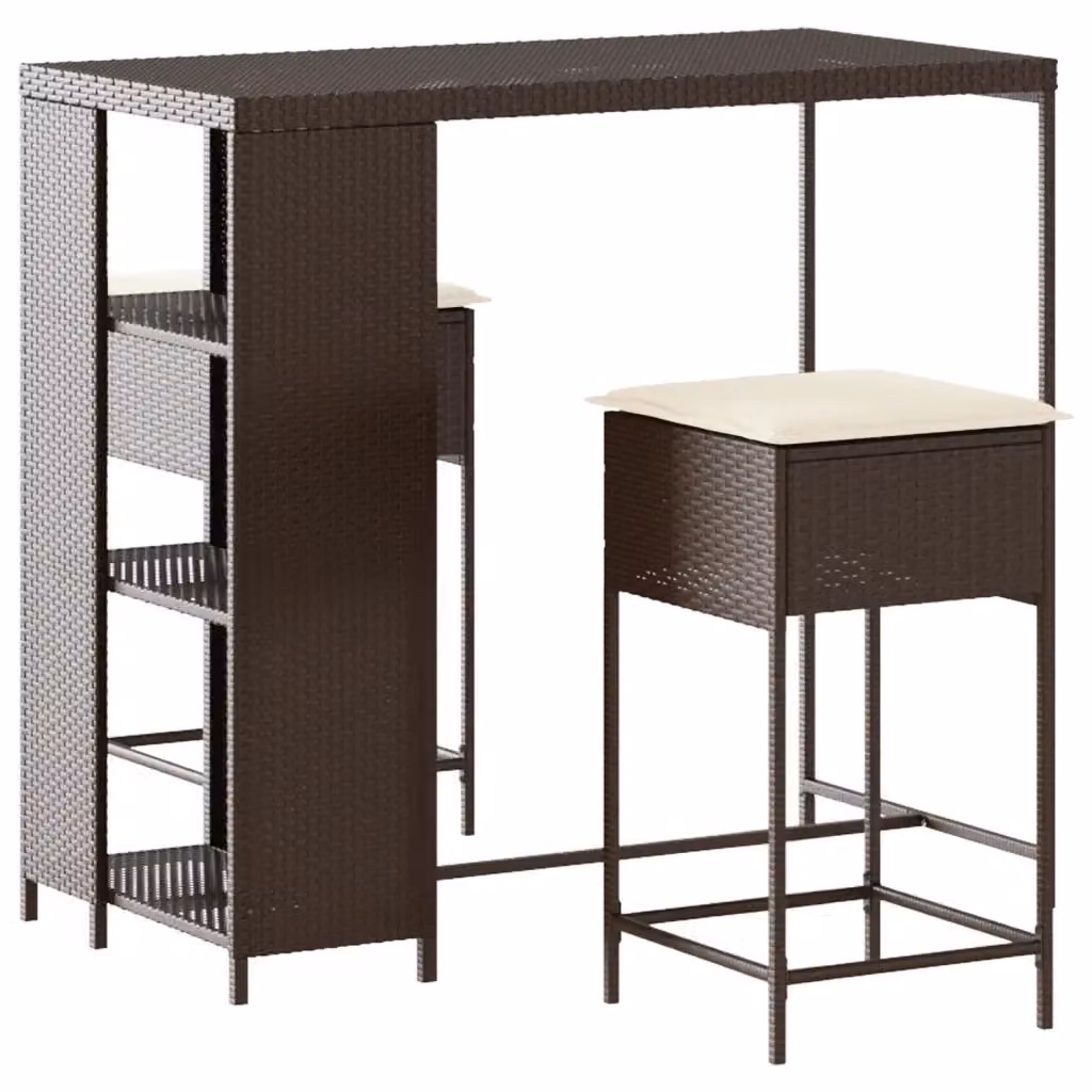 Set Bar da Giardino 3 Pezzi vidaXL in Polyrattan Marrone e Bianco con Cuscini – 2