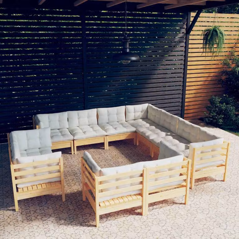 Set di divani da giardino vidaXL in legno massello di pino con cuscini beige, 11 pezzi, forma a U