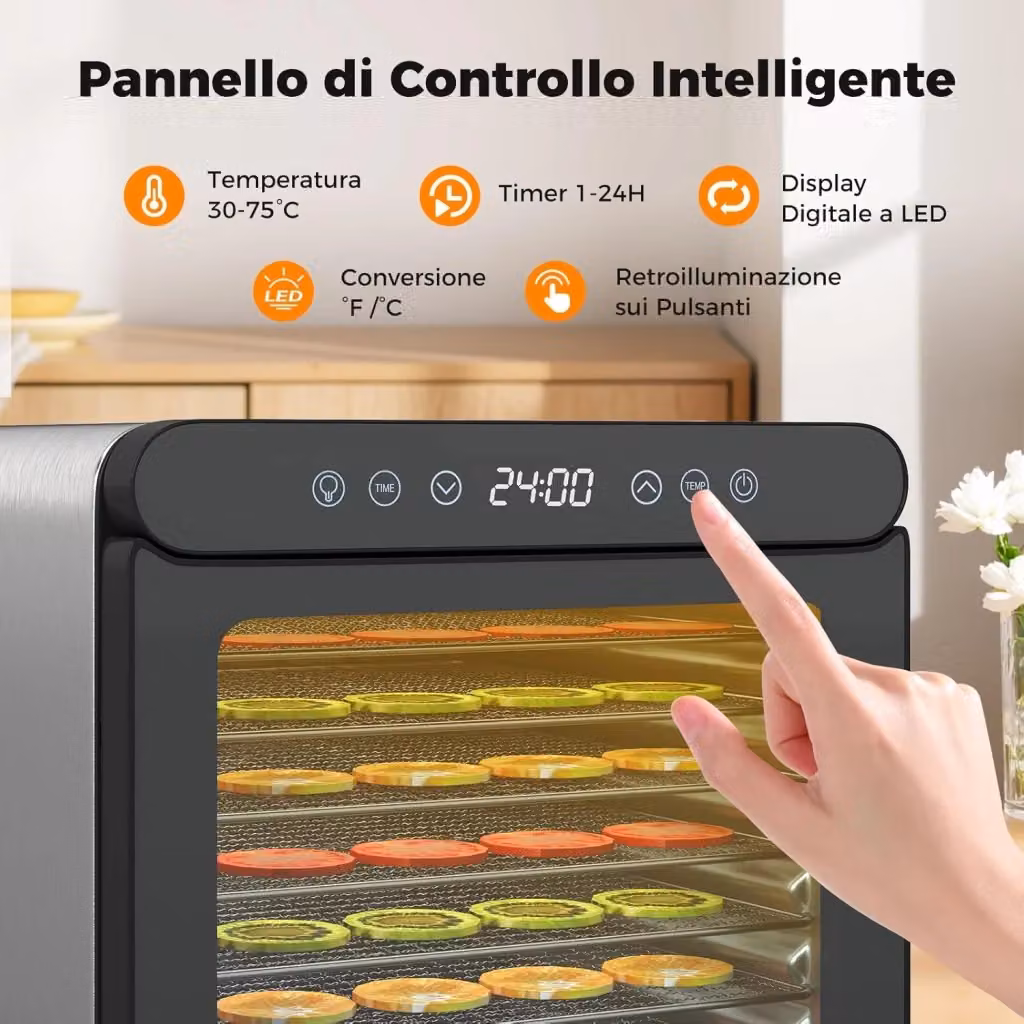 Essiccatore Alimentare COSTWAY in Acciaio Inox Color Argento, Disidratatore da 600W con 7 Vassoi, Timer 24 Ore e Temperatura Regolabile 30-75℃ per Carne, Frutta e Verdura – 2