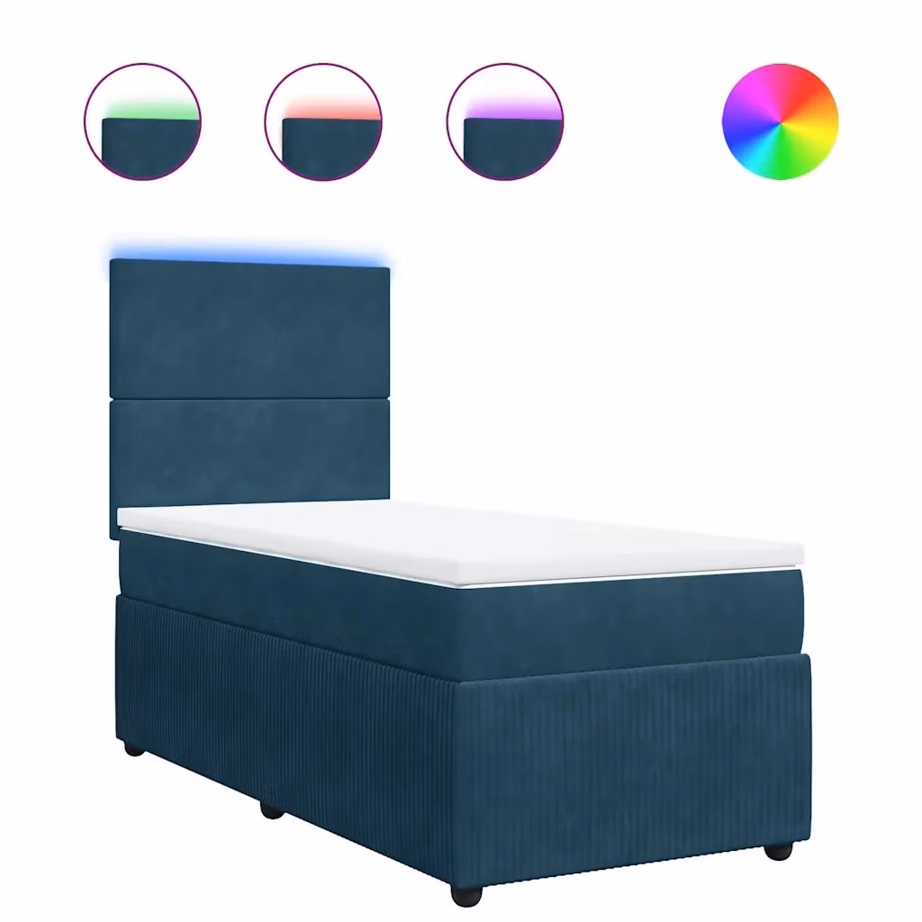 Letto moderno vidaXL con struttura imbottita in velluto blu e bianco, con illuminazione sottostante e porta di ricarica USB, L/P/H: 90 x 190 cm – 2