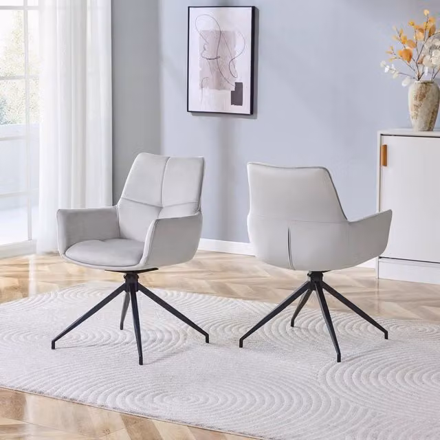 [Set di 2] Poltrona girevole europea a 360¡ã imbottita: tessuto grigio chiaro + gambe in metallo laccato nero, traspirante e confortevole, si adatta al