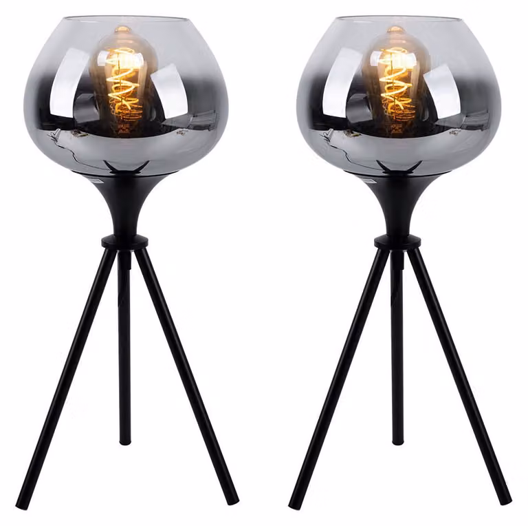 2 lampade da tavolo, paralume in vetro, struttura in metallo, colore nero fumé, altezza 45 cm