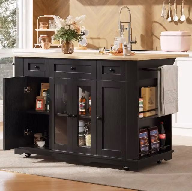 Isola da cucina 151;5x60 cm con piano pieghevole e ampio spazio contenitore; MDF metallo vetro; nero e naturale