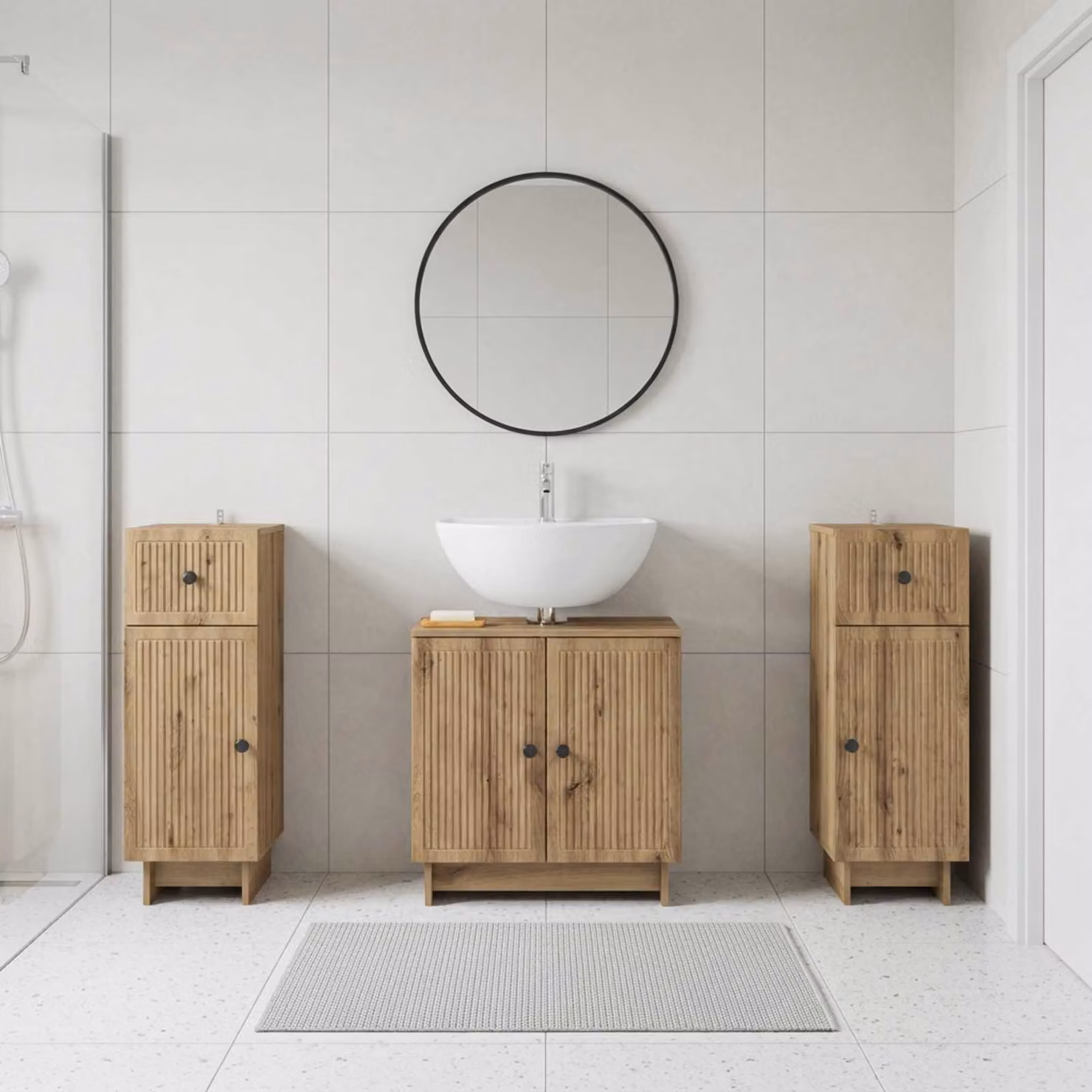Set di armadietti da bagno vidaXL EDE in 3 pezzi, Rovere Artigianale, Marrone, L/P/H: 59,5 x 31,5 x 59,0 cm