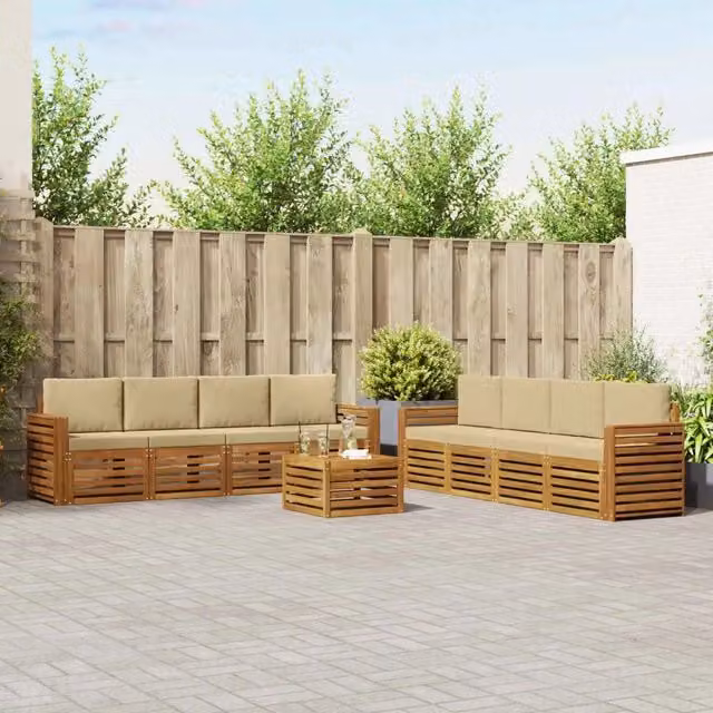 Set di mobili da giardino vidaXL in legno di acacia color sabbia e beige composto da 9 pezzi con divano a 3 posti, tavolino da caffè e cuscini inclusi