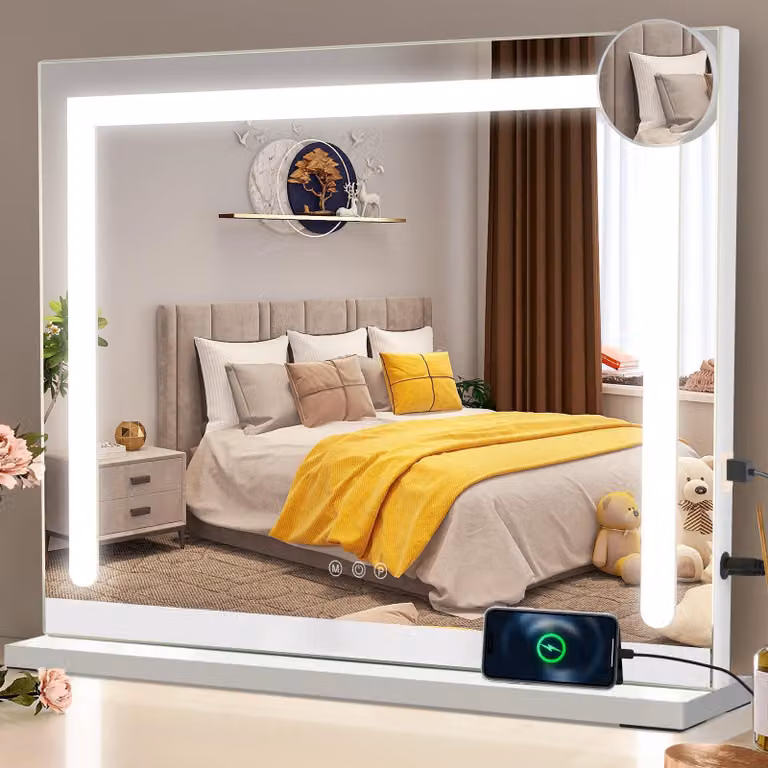 ZMH Specchio cosmetico con illuminazione 70x55 cm Specchio da toeletta con luce Touch LED dimmerabile 3 modalità di illuminazione colorata Ingrandimento 5x Specchio per camera da letto