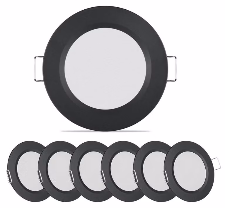 Set di 6 faretti LED da incasso, 12V, 3000K, luce bianco caldo, colore nero, diametro 68mm