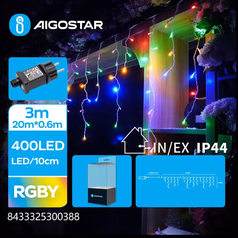 Catena luminosa a LED effetto pioggia di neve - 400 LED - 2700K - Lampade RGB - 20 metri - Grado di protezione IP44