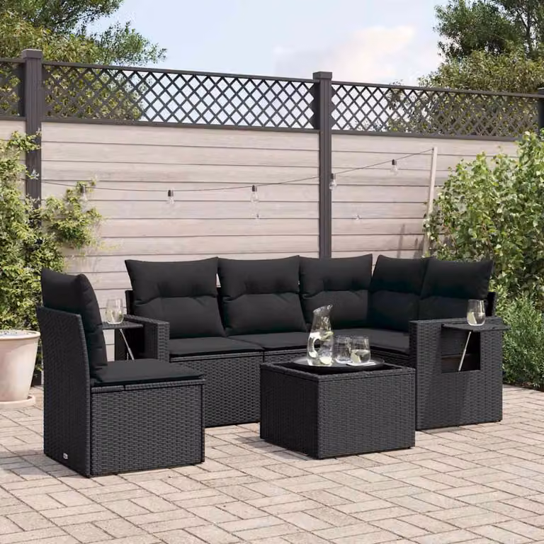 vidaXL Set Divano da Giardino a L in Polyrattan Nero con 6 Pezzi e Cuscini