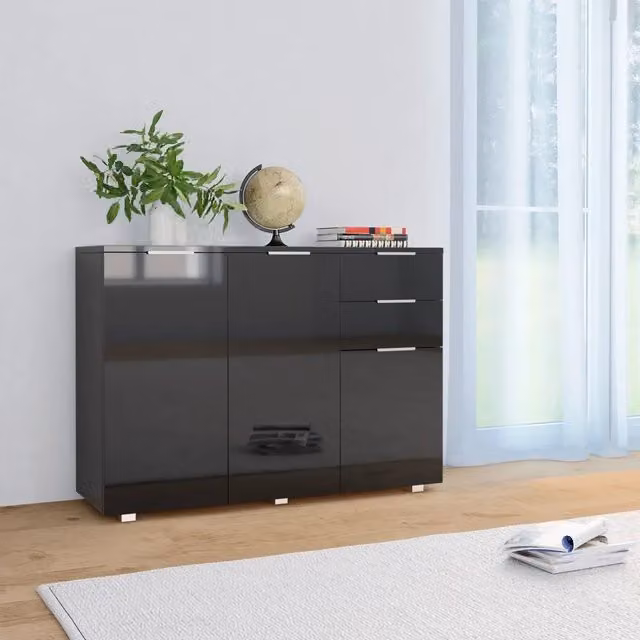 Credenza moderna vidaXL in legno nero lucido L: 107 cm, P: 35 cm, H: 80,5 cm