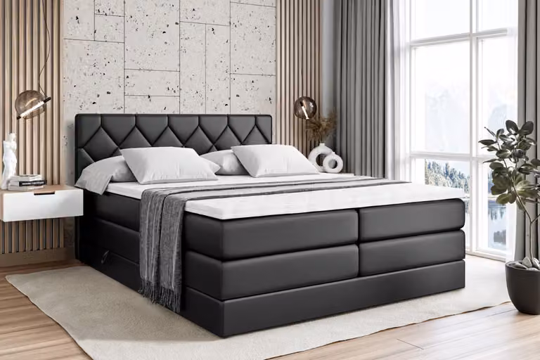 Letto boxspring ALTDECOR con 2 materassi e topper - 140x200 cm - CATOR KING - Pelle finta nera - Letto imbottito con materassi H3 e H4, contenitore e rete a doghe, letto con spazio contenitivo
