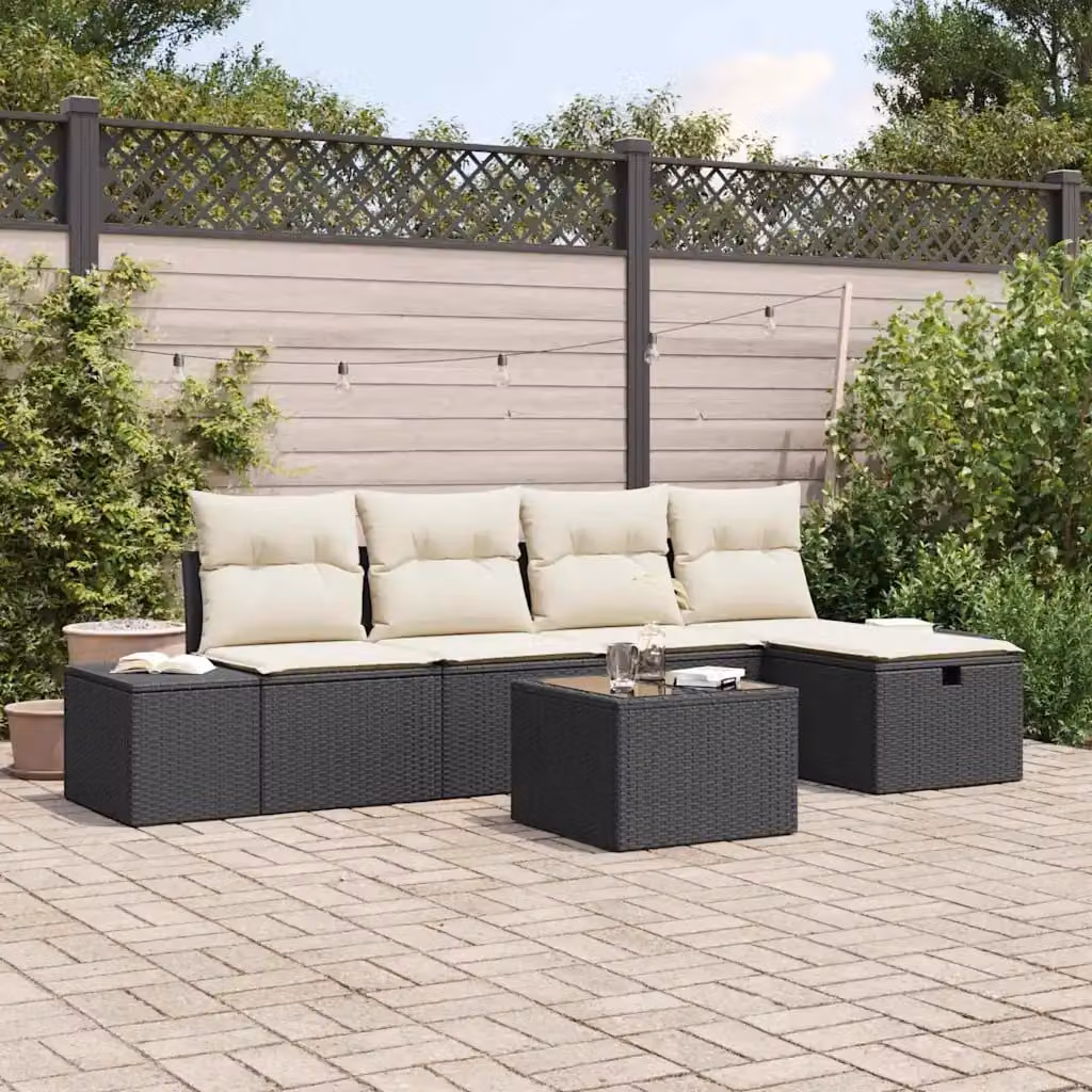 Set di divani da giardino vidaXL a forma di L con cuscini e tavolino, 6 pezzi, nero – 1