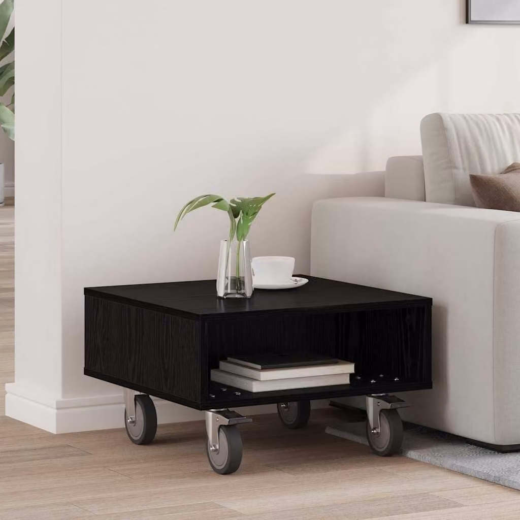 Tavolino con ruote vidaXL in rovere e nero, design minimalista, L 50,5 cm x P 50 cm x H 30 cm